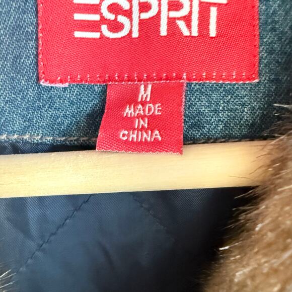 Y2K Esprit Denim Jacket Faux Furt Trim Quilted Lining Med Wash Jean Coat Women M - Picture 4 of 9